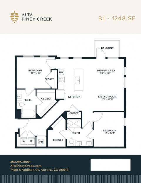 Floor plan for 2 beds, 2 baths, 1248 sqft